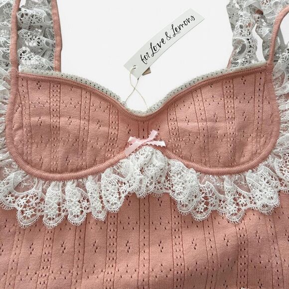 For Love & Lemons Andy Babydoll Knit Tank – Baby Pink Lace Trim (Sz M, NWT) - Picture 4 of 7